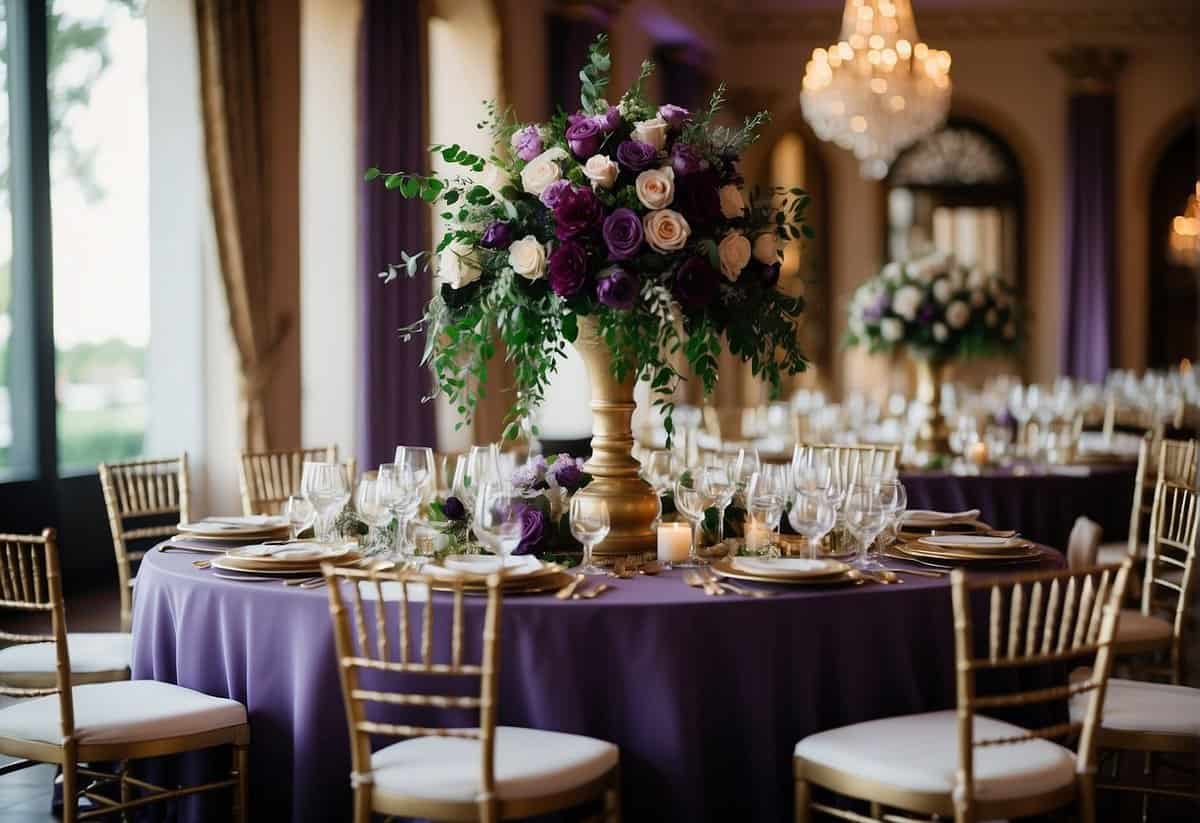A lavish purple and green wedding theme with elegant floral centerpieces, flowing fabric drapes, and ornate table settings
