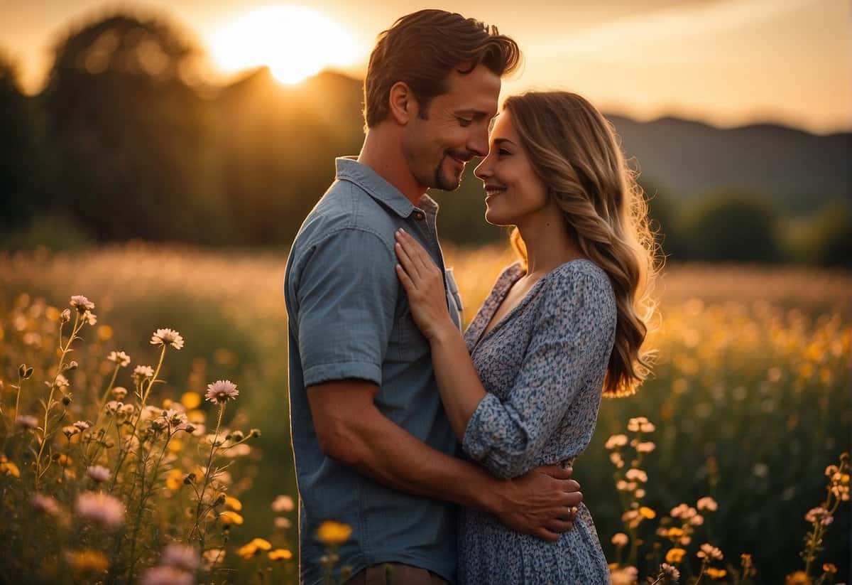 A couple stands in a field of wildflowers, holding hands and looking into each other's eyes. The sun sets behind them, casting a warm glow over the scene