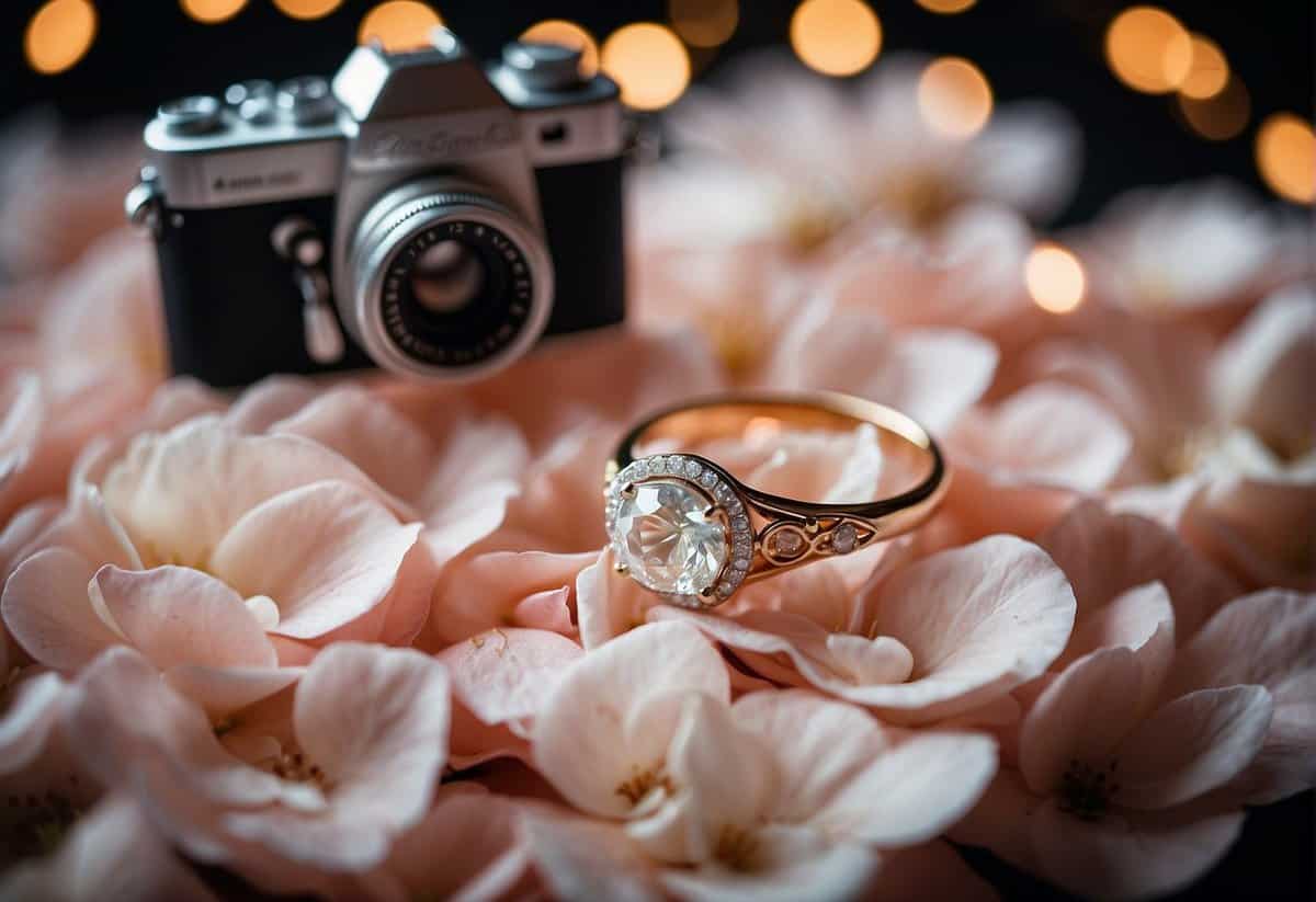 A couple's engagement ring placed on a bed of rose petals, surrounded by fairy lights and vintage camera equipment