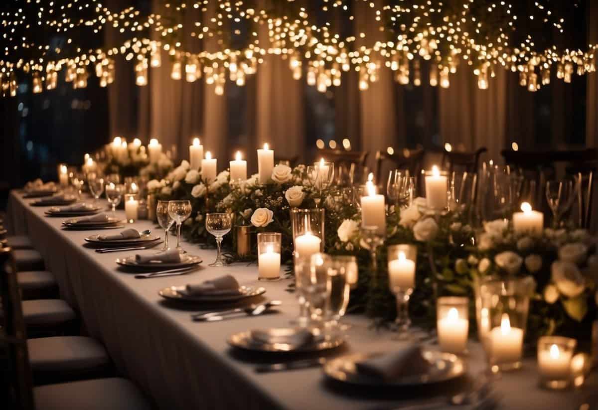 A long head table adorned with elegant floral centerpieces and soft candlelight, set against a backdrop of flowing drapery and twinkling fairy lights