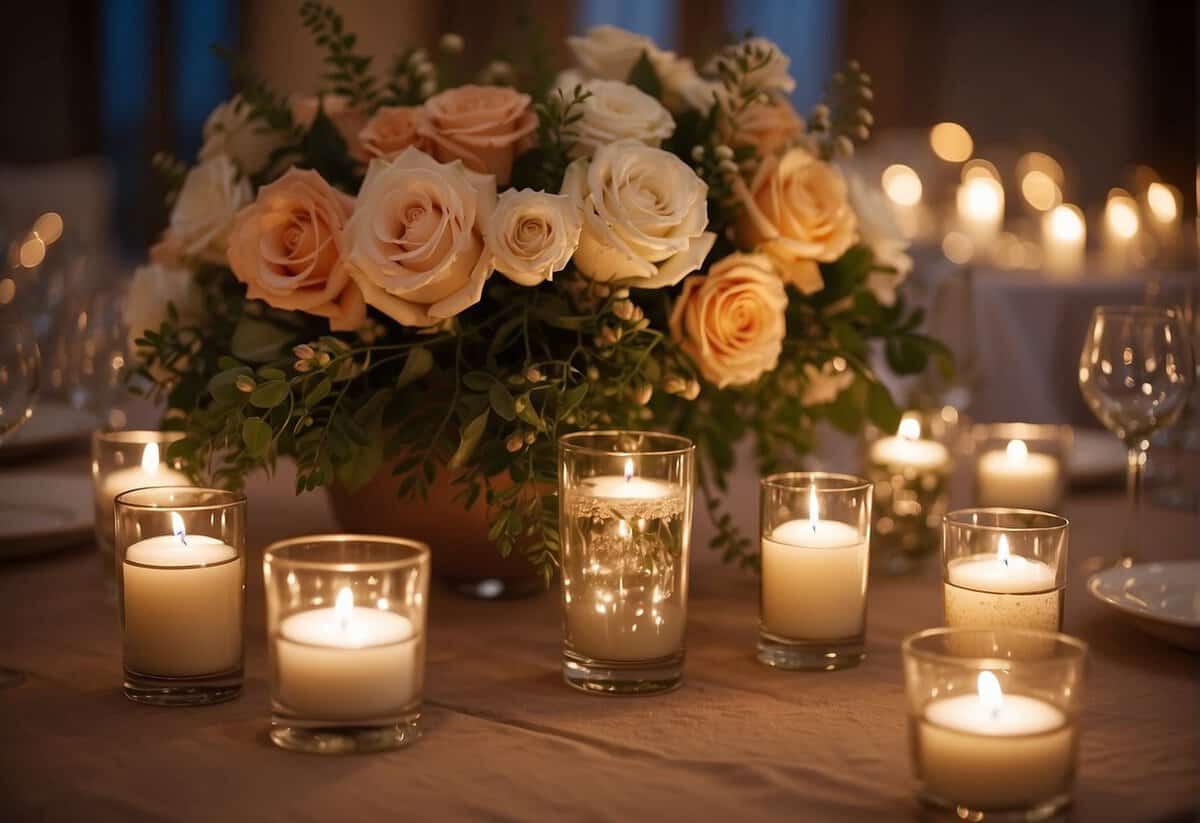 Soft, warm lighting illuminates the head table, casting a romantic glow. Candles and fairy lights create a dreamy ambiance, with floral centerpieces adding a touch of elegance