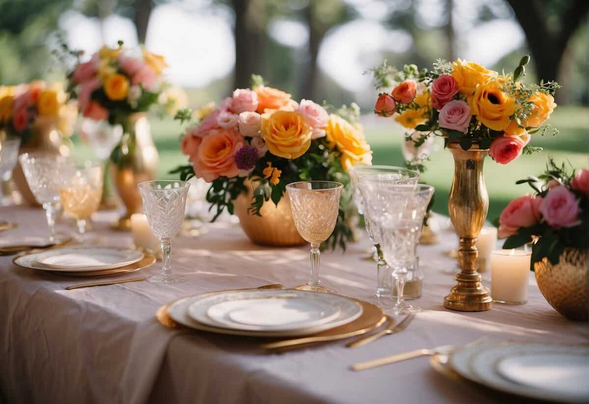 A head table adorned with vibrant florals and textured linens, accented with pops of color and elegant details