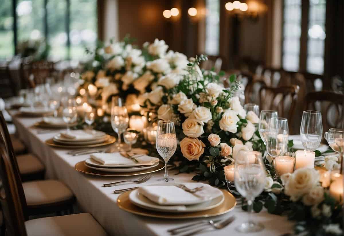 The head table is adorned with personalized place settings, floral arrangements, and elegant tableware for a luxurious and intimate wedding reception
