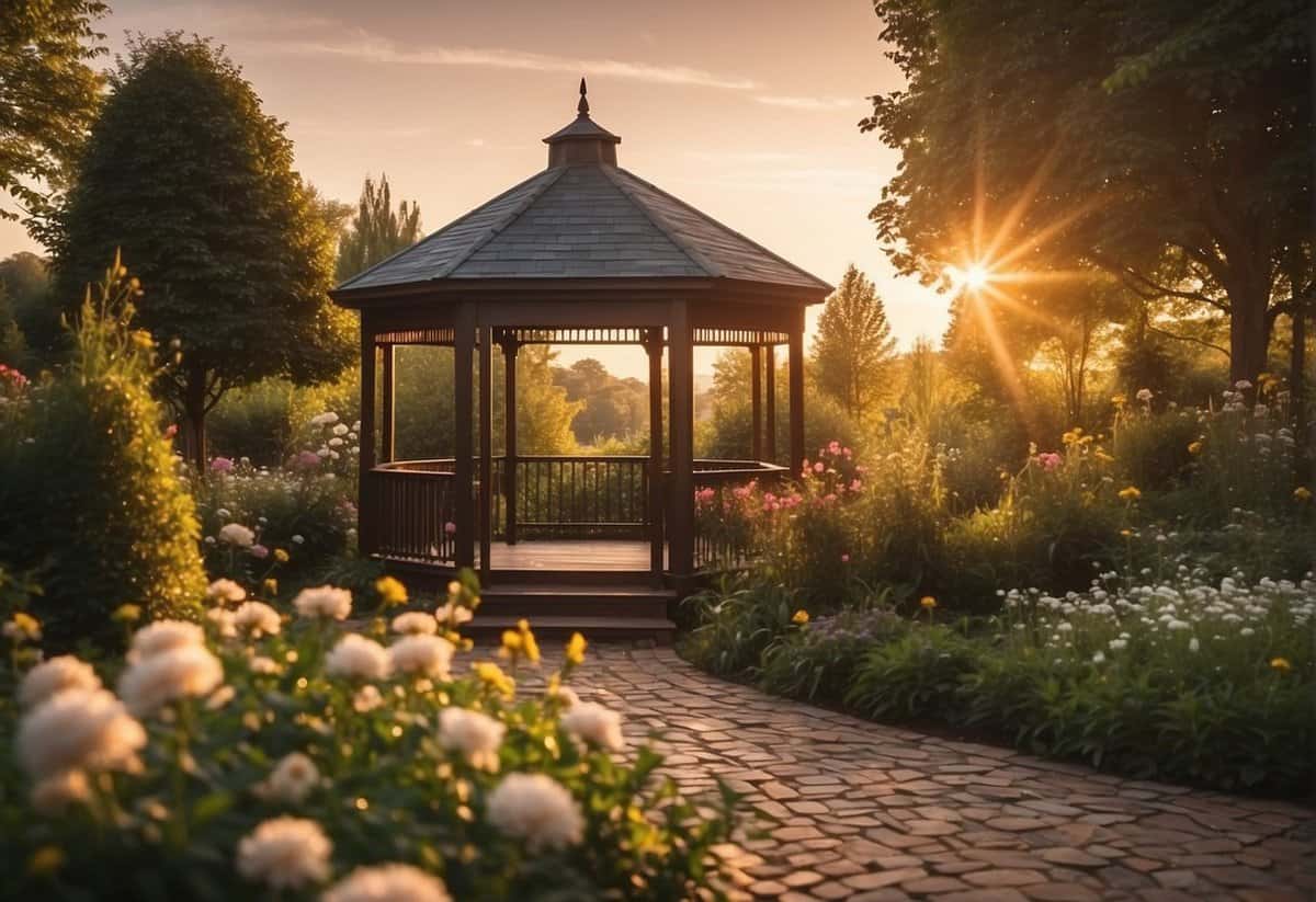 A lush garden with a gazebo, surrounded by blooming flowers and twinkling lights, set against a picturesque sunset