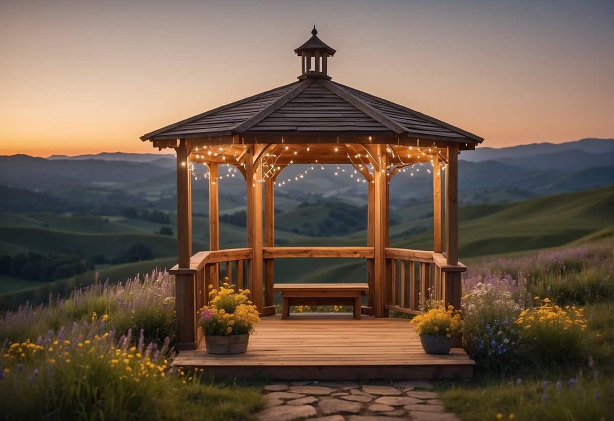 A simple outdoor gazebo adorned with fairy lights and wildflowers, surrounded by rustic wooden benches and a backdrop of rolling hills