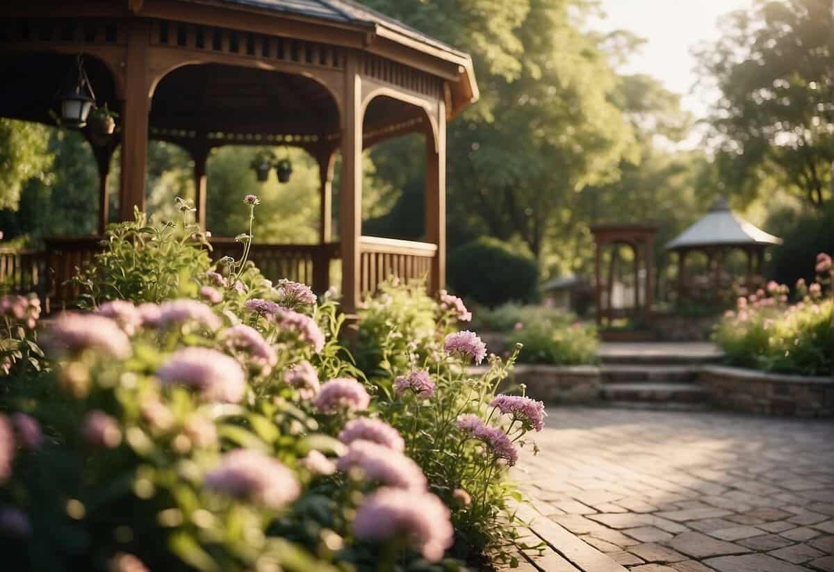 A sunny outdoor setting with a charming gazebo, surrounded by blooming flowers and lush greenery, creating a romantic and budget-friendly wedding venue