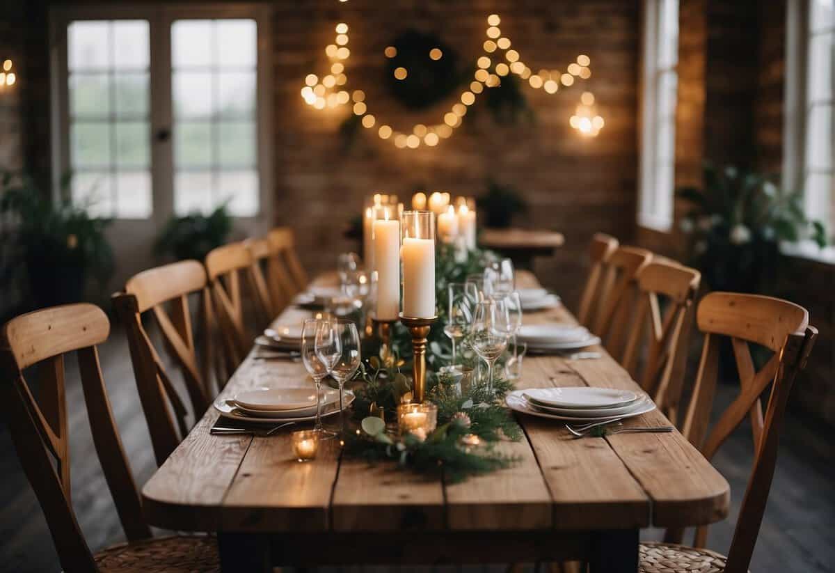 A simple table adorned with budget-friendly centerpieces and fairy lights. Rustic chairs surround the table, with minimalistic decor on the walls