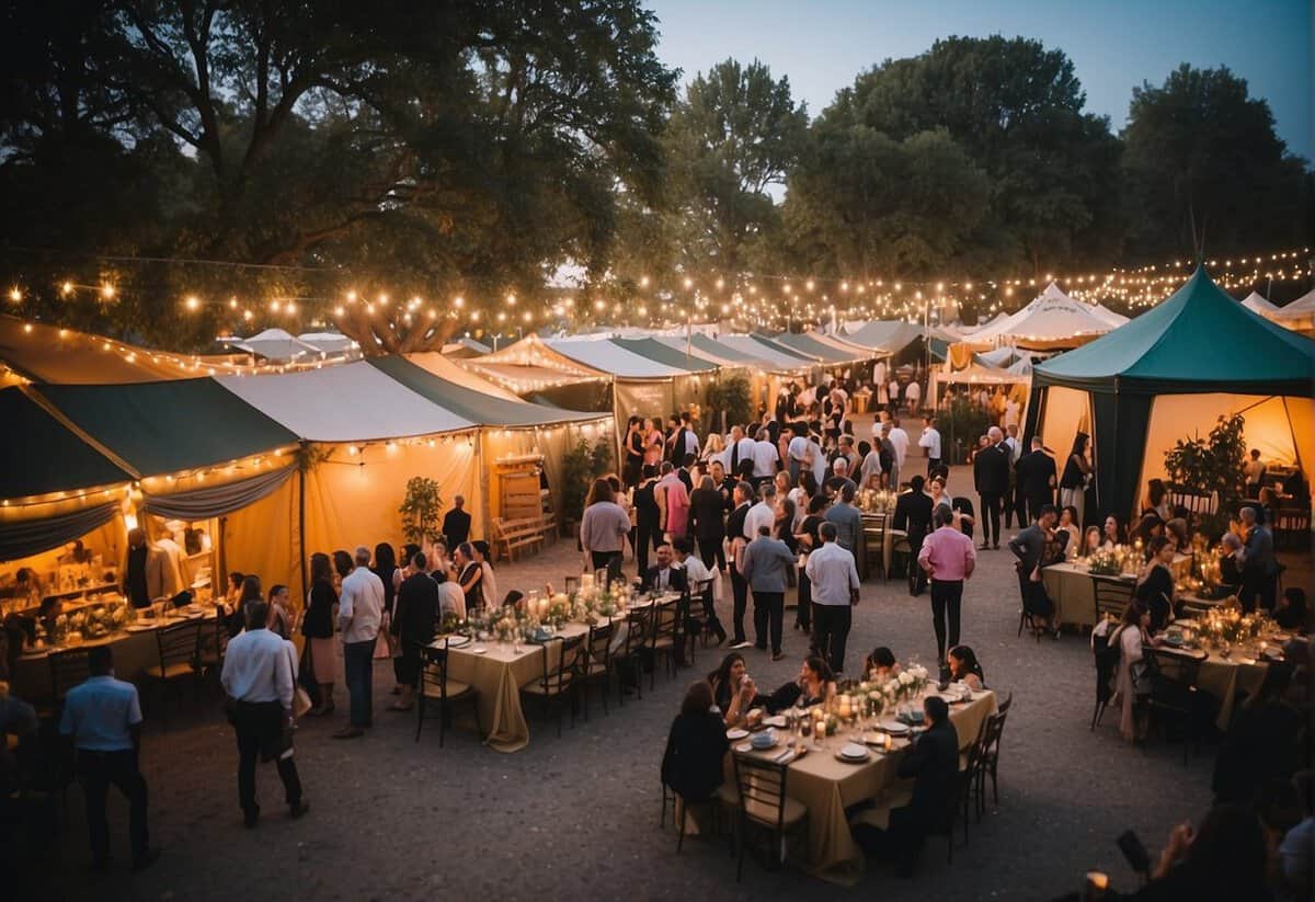A bustling marketplace with colorful tents and tables, showcasing various catering and rental options for budget-friendly wedding venues