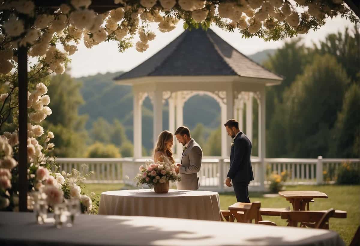 A couple signs a contract for a budget-friendly wedding venue, surrounded by a picturesque outdoor setting with a gazebo and blooming flowers