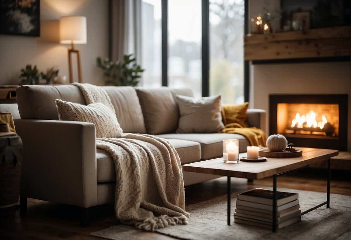 A cozy living room with plush pillows and a soft throw blanket draped over a comfortable sofa. A warm, inviting atmosphere with elegant decor and stylish accents