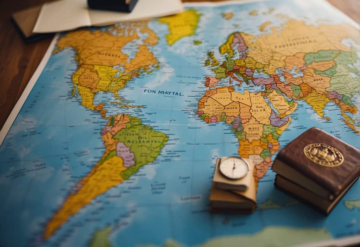 A colorful map of the world with pins marking various destinations, surrounded by travel books, luggage, and a journal for writing down memories