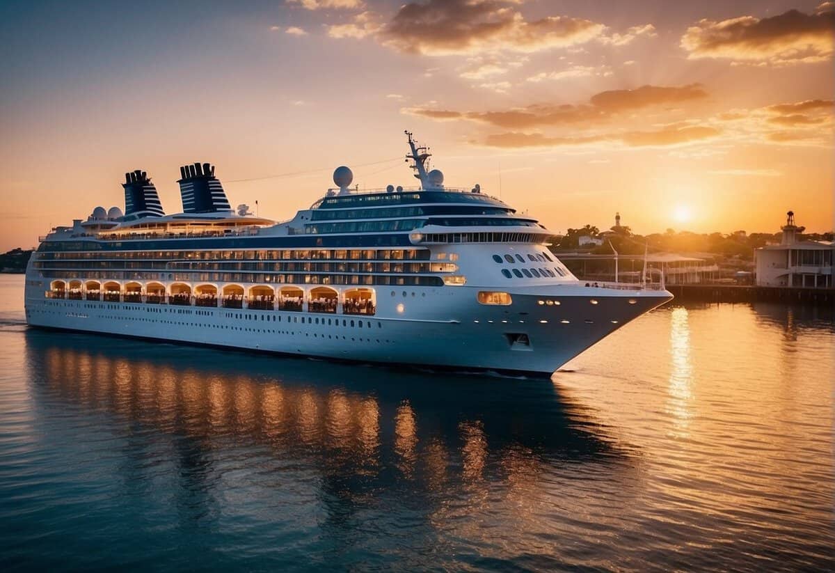 A cruise ship adorned with wedding decor, surrounded by clear blue waters and a picturesque sunset. Various wedding packages and customization options displayed on a signboard
