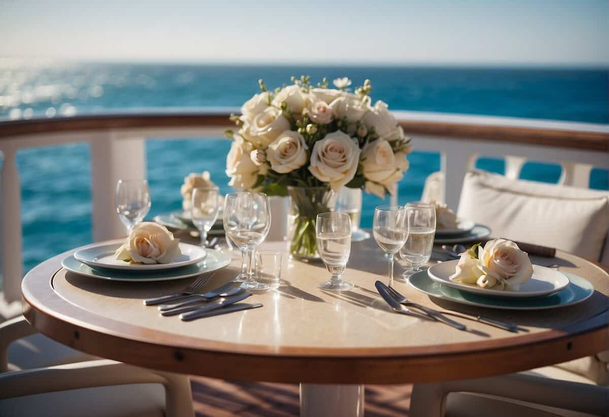 A cruise ship deck adorned with wedding decor, set against a backdrop of sparkling ocean waters and a clear, sunny sky