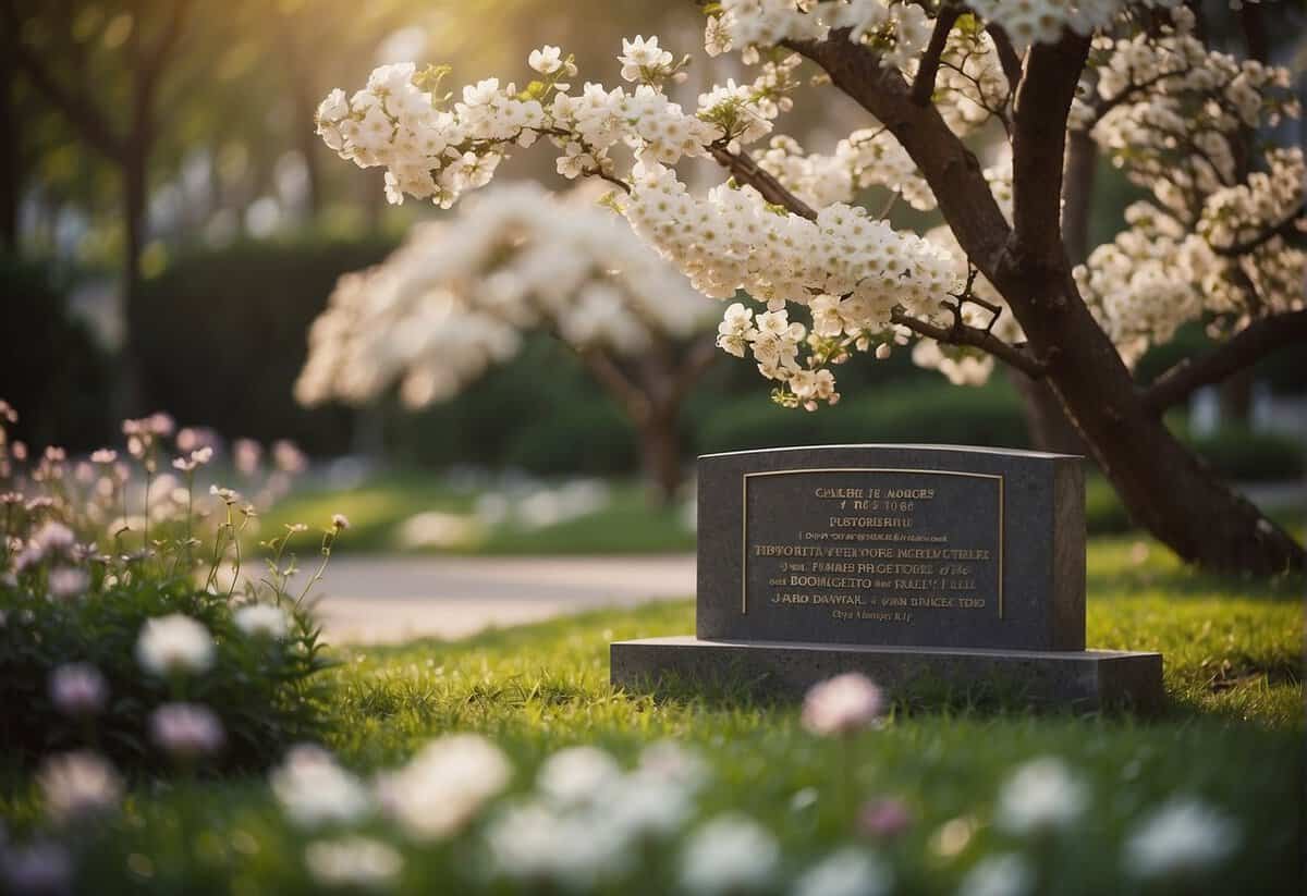 A peaceful garden with a blooming tree, surrounded by delicate flowers and a memorial plaque