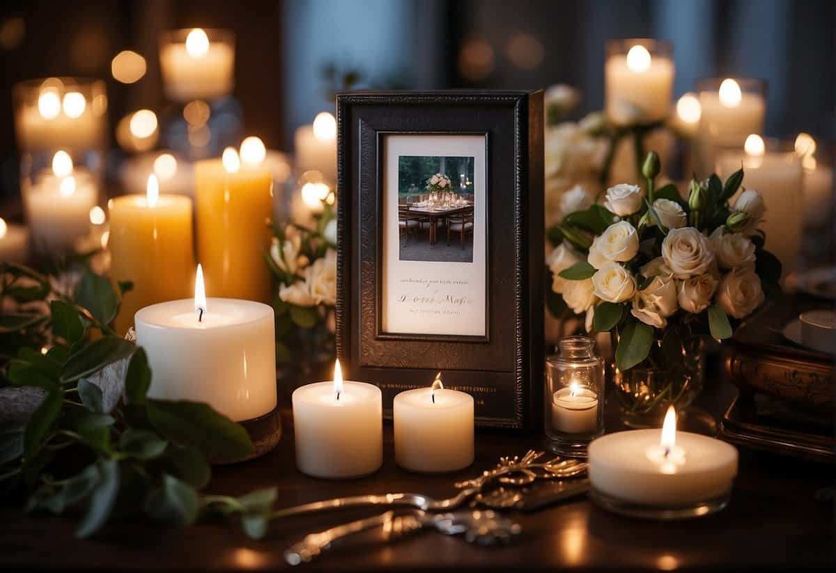 A table adorned with candles, photos, and flowers. A sign reads "Commemorating Loved Ones." A serene, respectful atmosphere