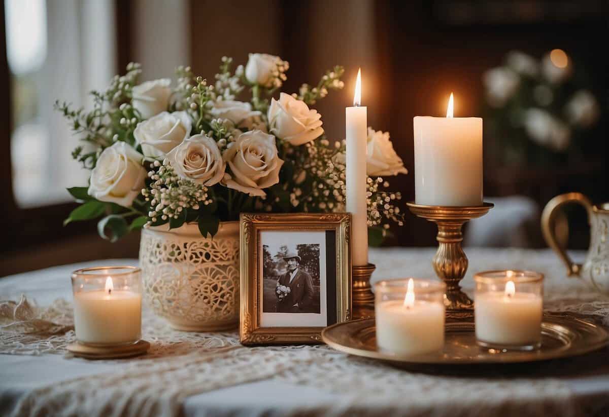 A wedding table adorned with framed photos, antique trinkets, and a vintage lace tablecloth. A candle burns next to a memorial bouquet