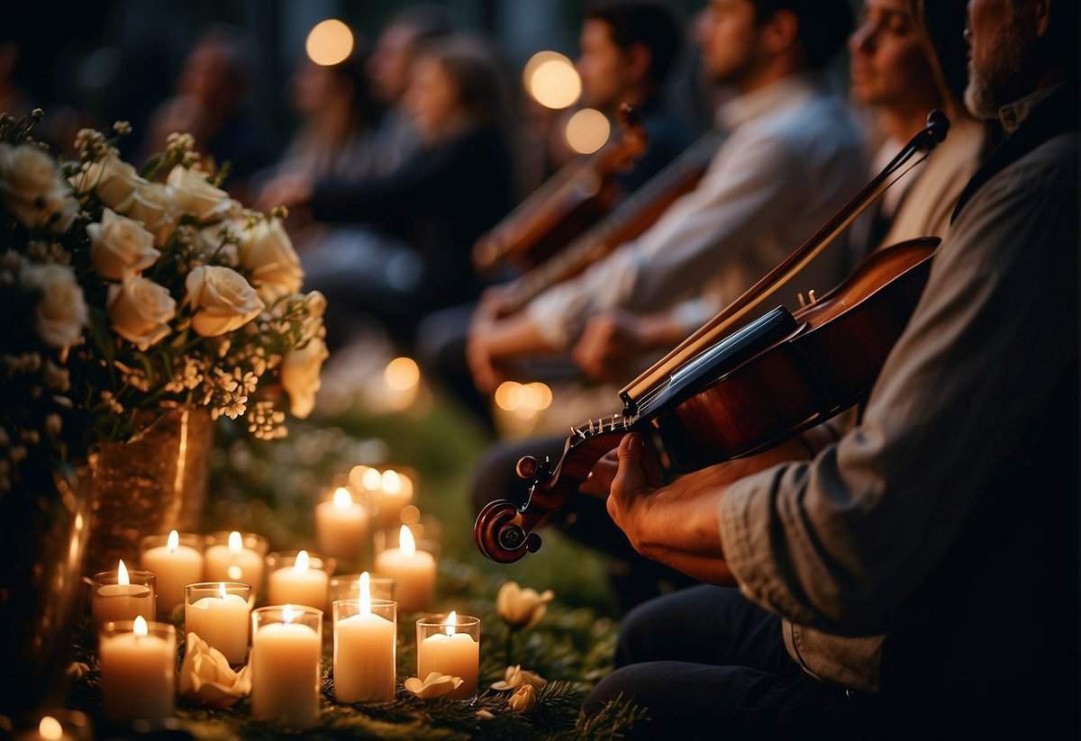 Guests gather, holding candles and flowers, as a musician plays a solemn tune. Words of remembrance are spoken, creating a peaceful and loving atmosphere