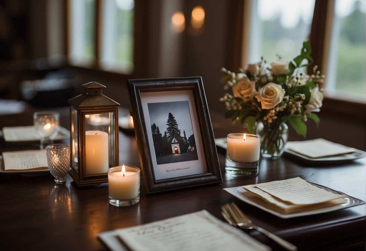 A table set with a single lit candle, surrounded by framed photos and handwritten notes of remembrance