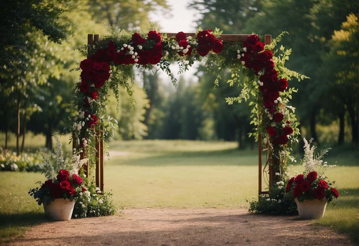 A burgundy floral arch frames a rustic outdoor wedding ceremony. Deep red roses and lush greenery adorn the wooden structure, creating a romantic and elegant atmosphere