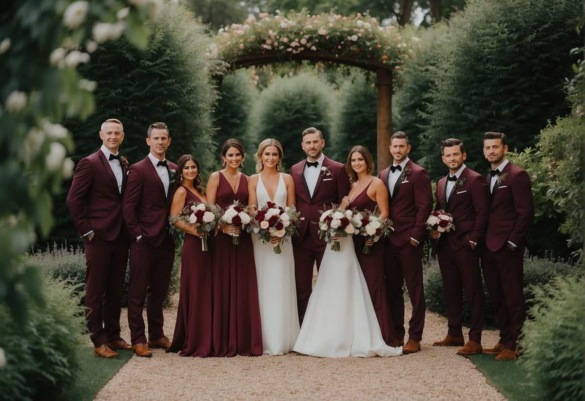 Burgundy bridesmaids' dresses and groomsmen's suits in a garden setting with floral accents