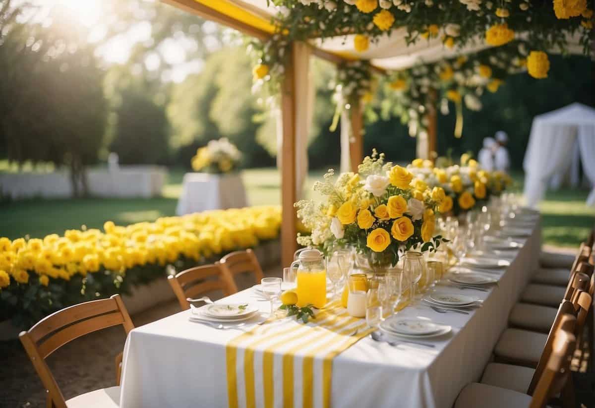A sunny outdoor wedding with yellow flowers, lemonade, and a yellow and white striped canopy