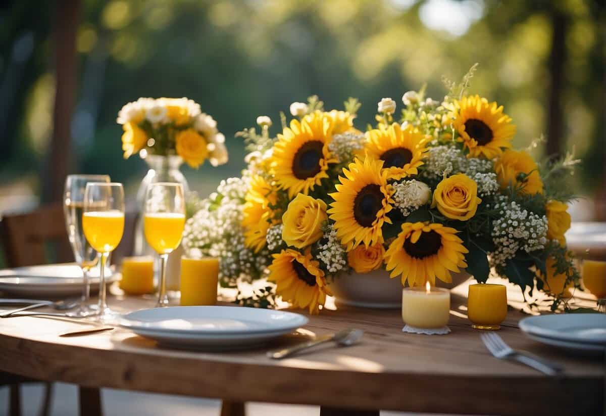 A table adorned with yellow floral arrangements and bouquets for a wedding, with vibrant sunflowers, daisies, and roses