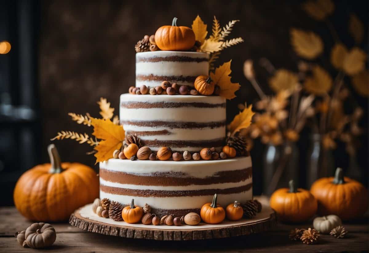 A rustic wedding cake with autumn leaves, acorns, and pumpkins as decorative elements