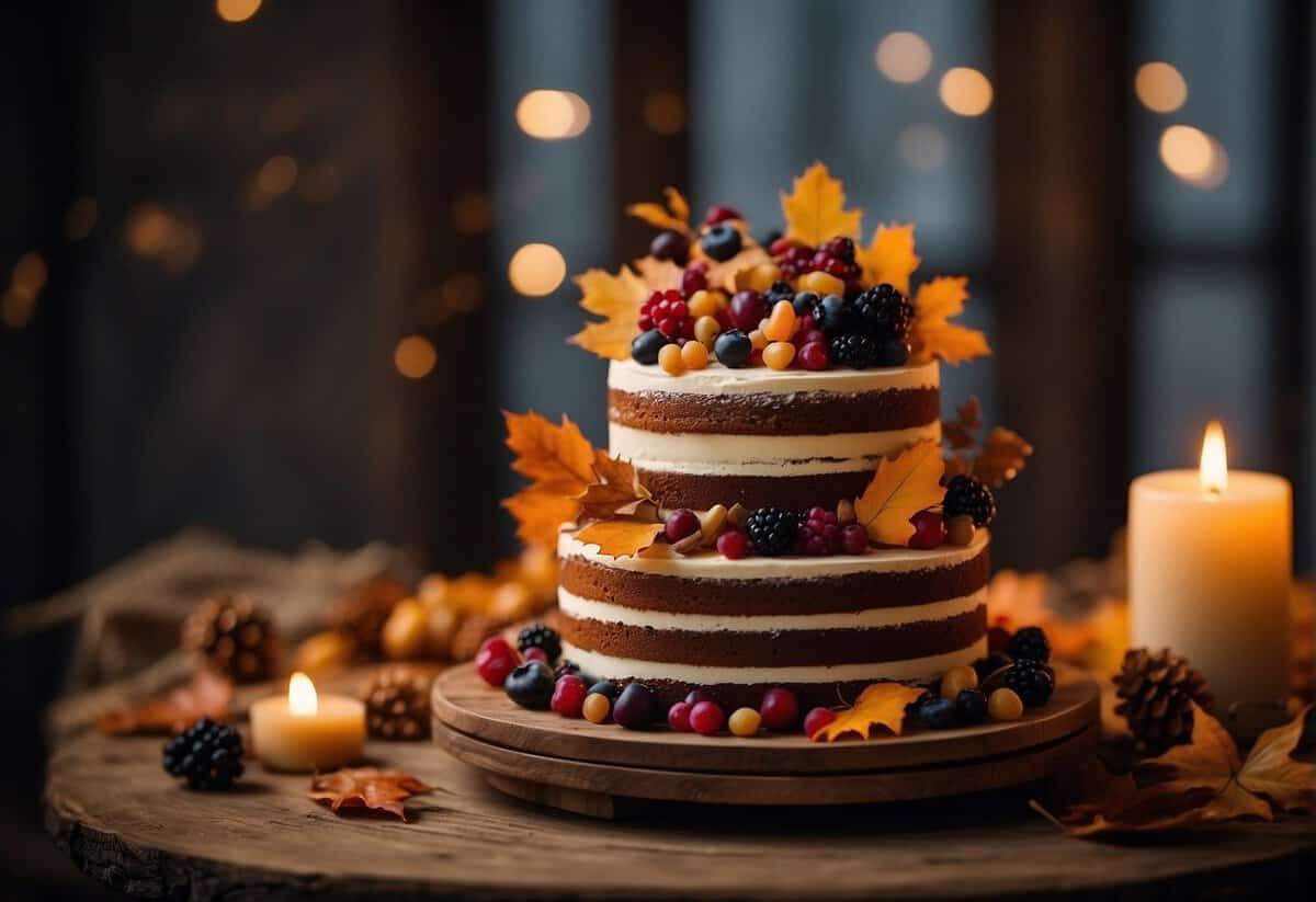 A tiered cake adorned with autumn leaves and berries, set against a backdrop of rustic wood and warm candlelight