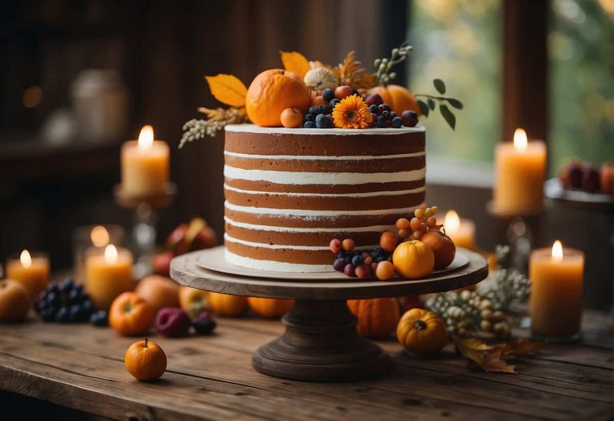 A rustic wooden table adorned with a tiered autumn wedding cake, featuring warm hues, seasonal fruits, and decorative foliage