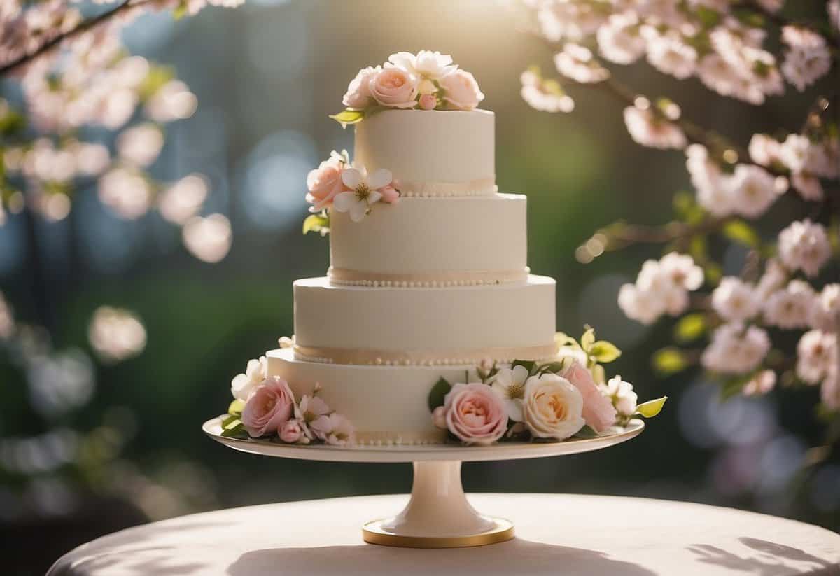 A tiered wedding cake adorned with pastel-colored flowers and delicate greenery, set against a backdrop of blooming cherry blossoms and soft sunlight