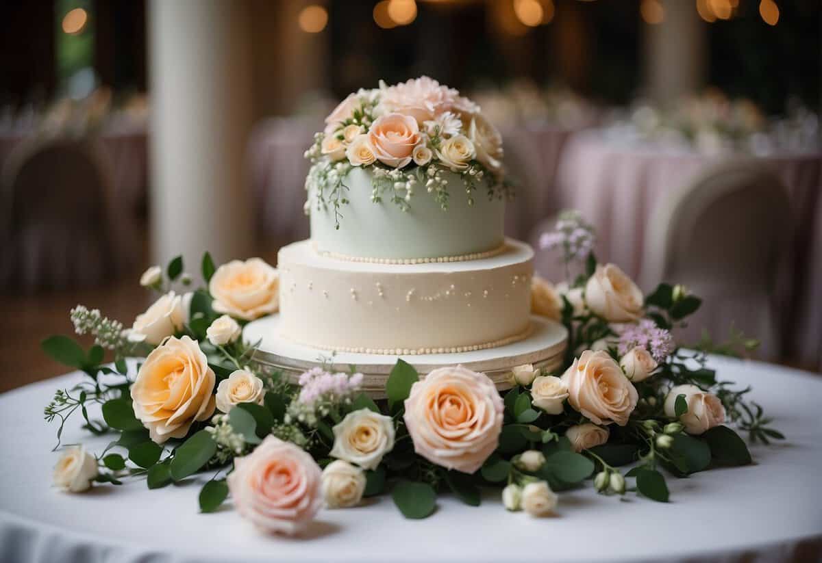 A table adorned with pastel-colored flowers and greenery showcases a three-tiered wedding cake adorned with delicate sugar flowers and intricate piping details