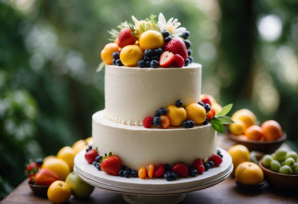 A tiered wedding cake adorned with fresh flowers and fruits, set against a backdrop of lush greenery and soft sunlight