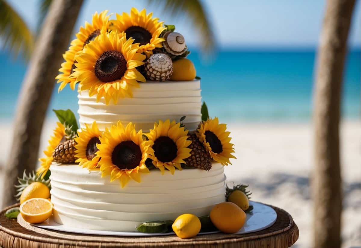 A three-tiered wedding cake adorned with vibrant sunflowers, beachy seashells, and tropical fruit, set against a backdrop of sandy beaches and palm trees
