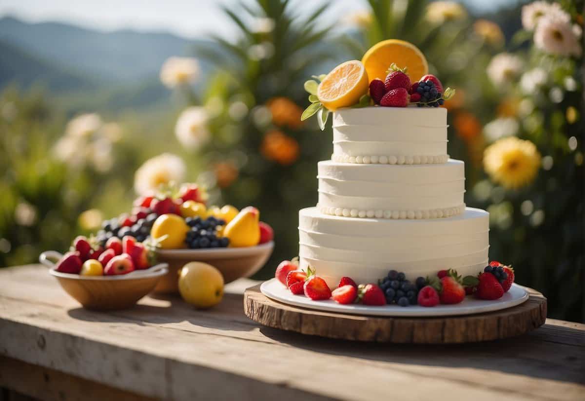 A tiered wedding cake adorned with fresh flowers and fruits, set against a sunny outdoor backdrop with a warm weather vibe
