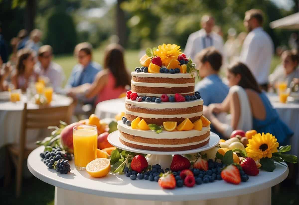 A sunny outdoor setting with a colorful, tiered wedding cake adorned with fresh flowers and fruits, surrounded by cheerful guests enjoying the warm weather
