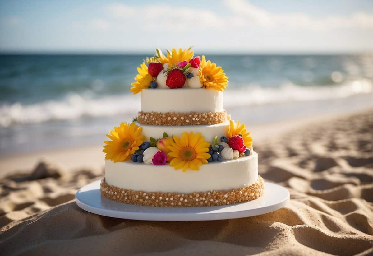 A tiered wedding cake adorned with vibrant summer flowers, fruits, and a beach-themed topper, set against a backdrop of sun-soaked sand and sea waves