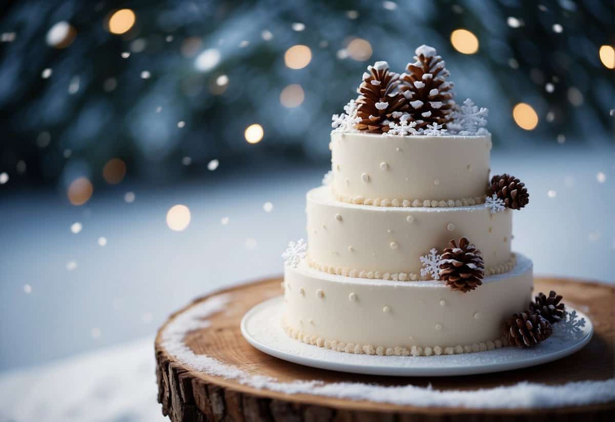 A three-tiered wedding cake adorned with snowflake and pine cone decorations, surrounded by a wintry landscape of snow-covered trees and twinkling lights