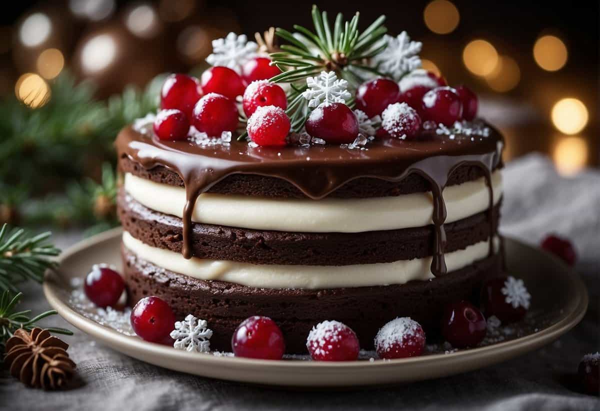 Rich chocolate cake layers with creamy peppermint filling, adorned with delicate snowflake decorations and shimmering silver accents. A cascade of sugared cranberries and rosemary sprigs adds a festive touch