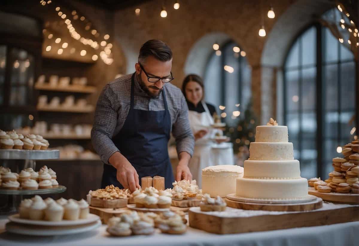A baker carefully chooses a winter-themed wedding cake design, surrounded by venue presentation materials