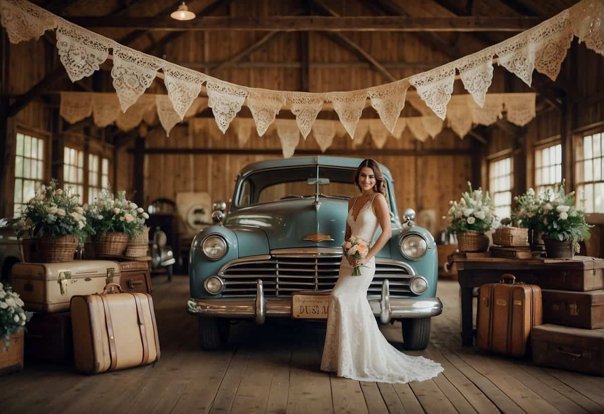 A rustic barn adorned with lace and burlap, vintage suitcases as decor, and a classic car as a backdrop for a vintage wedding