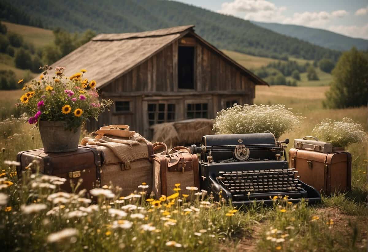 A rustic barn adorned with lace and burlap, vintage suitcases and antique frames, a classic typewriter and old-fashioned lanterns, set against a backdrop of rolling hills and blooming wildflowers
