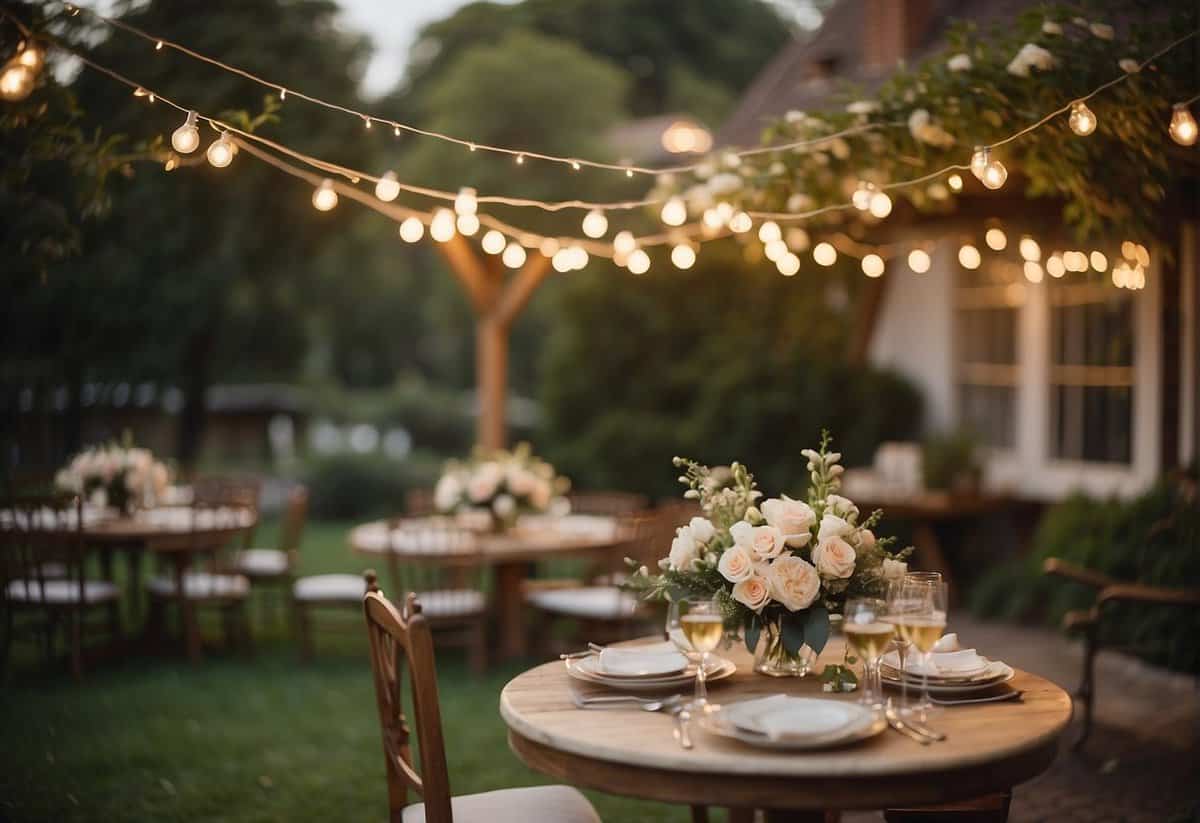 A charming outdoor garden with string lights, vintage furniture, and delicate floral arrangements create a romantic and timeless atmosphere for a vintage wedding
