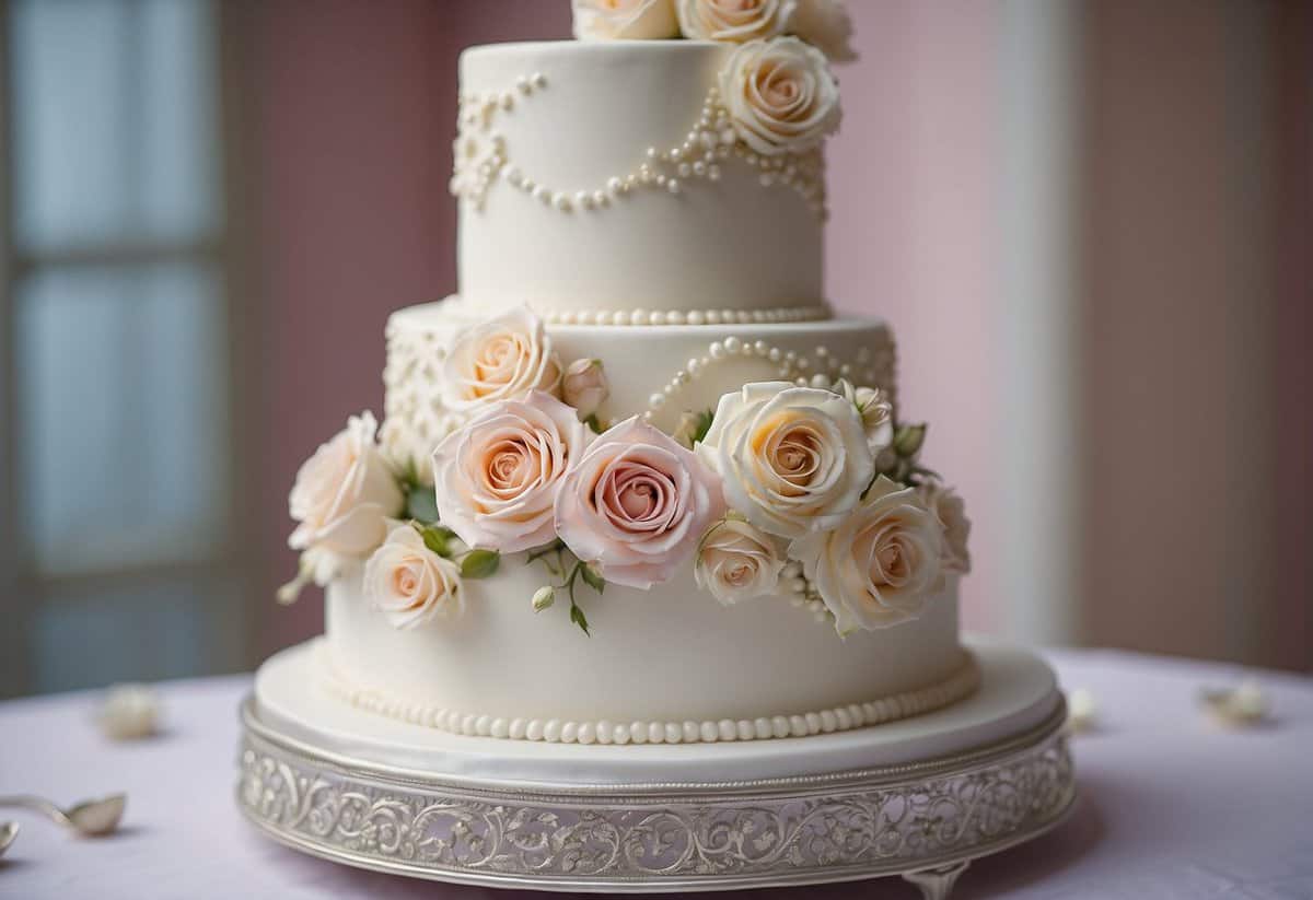 A white two-tier wedding cake adorned with cascading flowers and intricate piping, set on a silver cake stand against a backdrop of soft pastel colors