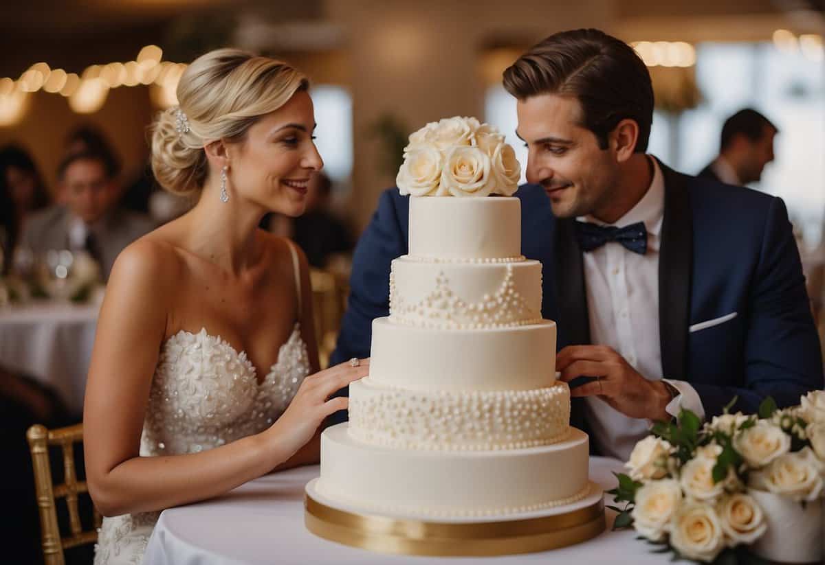 A bride and groom sit at a table, discussing and choosing from a variety of two-tier wedding cake designs with a baker