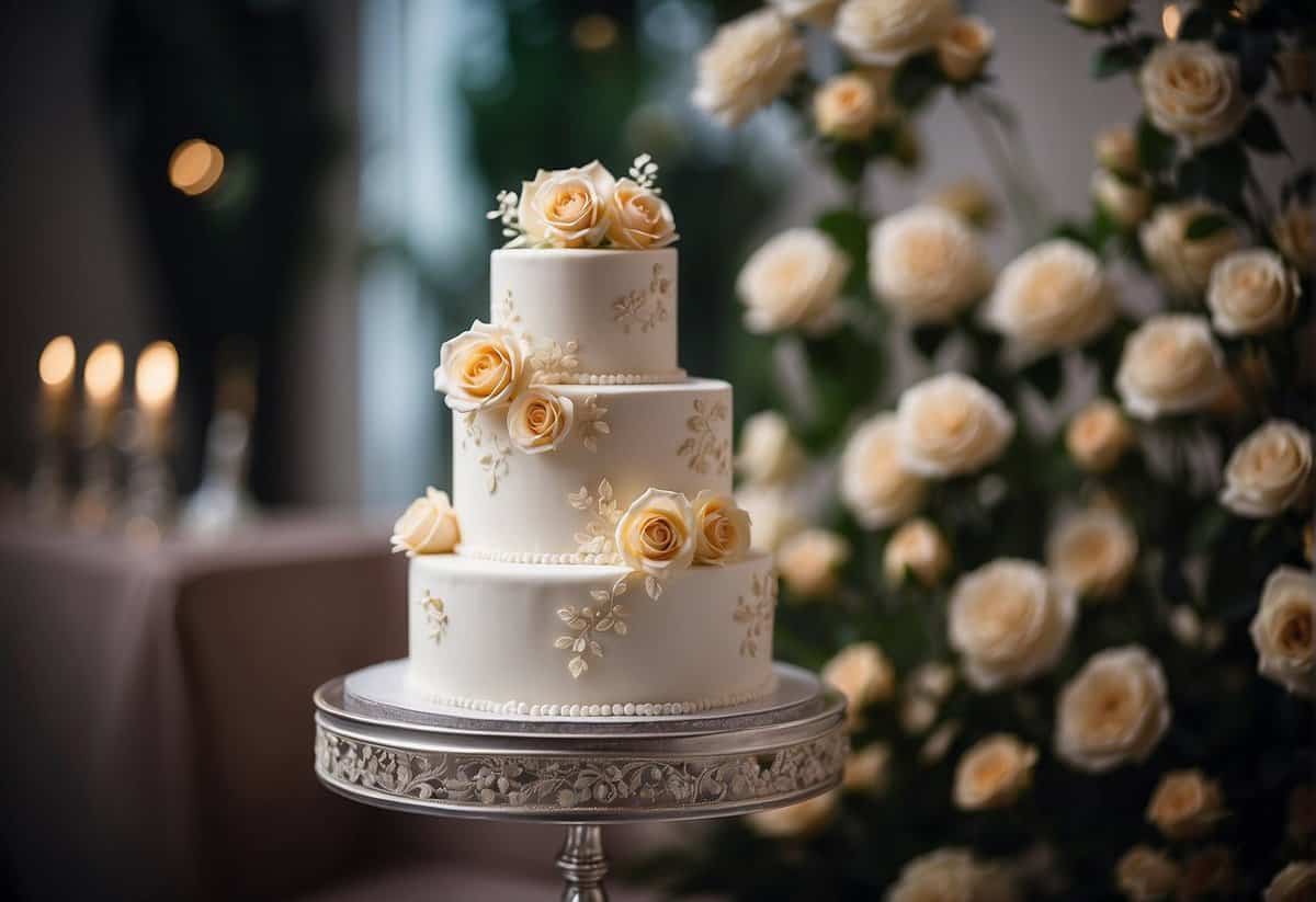 A three-tiered wedding cake adorned with delicate sugar flowers and intricate piping, sitting on a silver cake stand, against a backdrop of elegant floral decorations