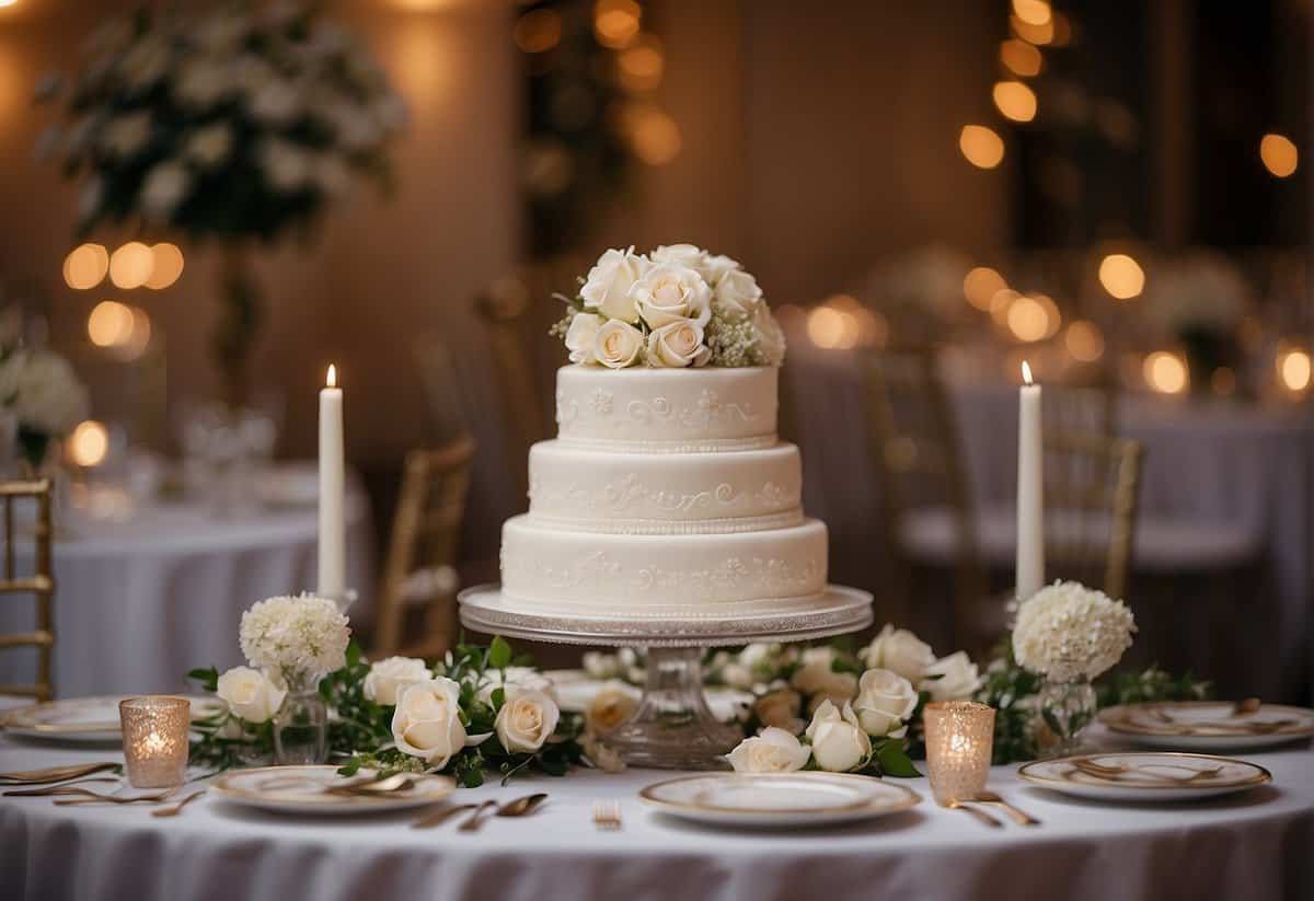 A three-tiered wedding cake stands on a decorated table, adorned with flowers and elegant frosting designs. A cake server and plates are nearby, ready for serving