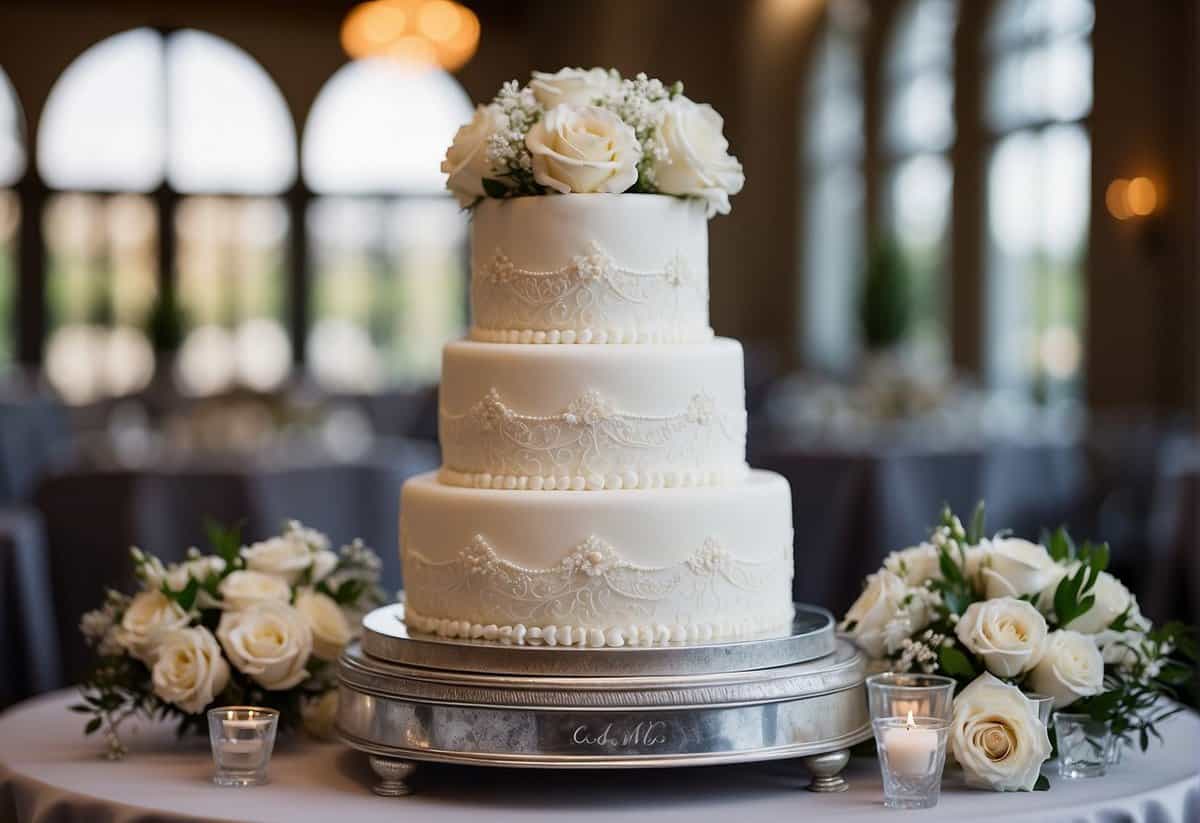 A white four-tier wedding cake adorned with cascading flowers and delicate lace details sits on a silver cake stand. The top tier is decorated with a shimmering monogram
