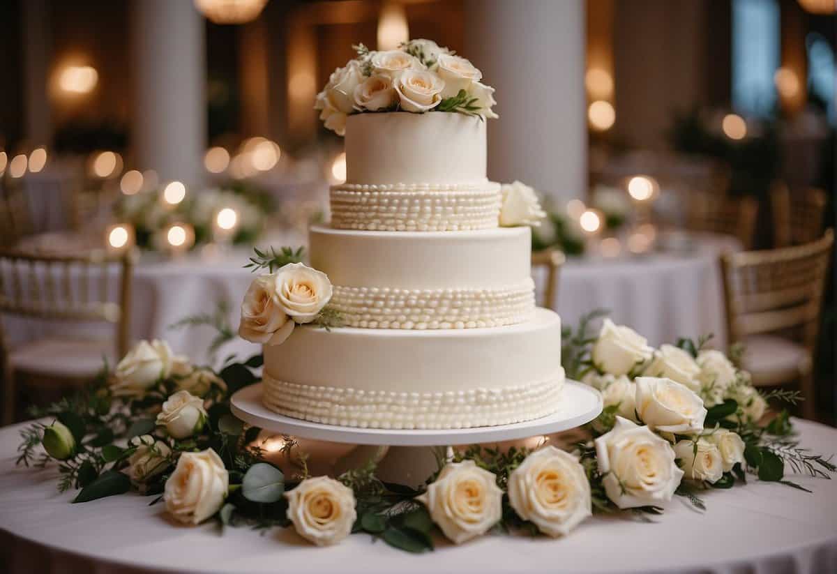 A four-tiered wedding cake is elegantly presented on a decorated table with floral arrangements and soft lighting