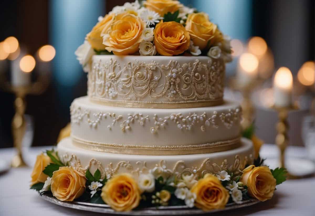 A grand four-tier wedding cake adorned with seasonal flowers and intricate designs stands as the centerpiece of a lavish reception