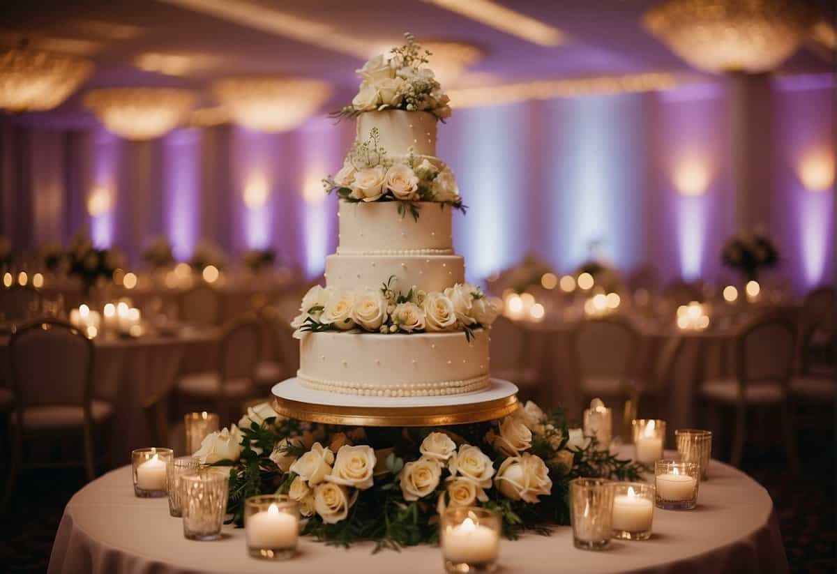 A four-tier wedding cake displayed on a decorated table with floral arrangements and elegant cake stands. The room is filled with soft lighting and the cake is the focal point of the scene